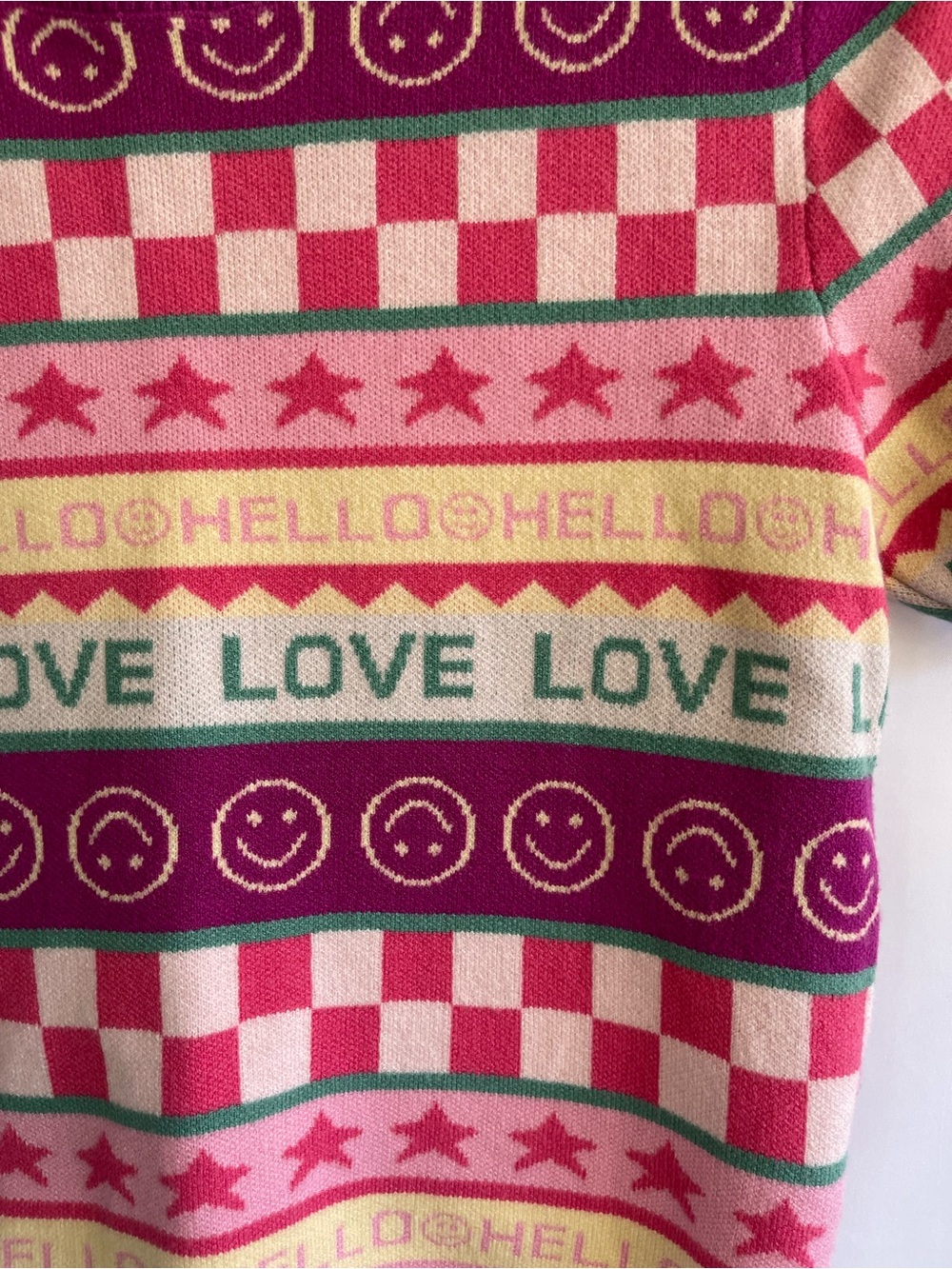 debut Pink Magenta Teal LOVE Pattern Short Sleeve Knit Top - Picture 3 of 6